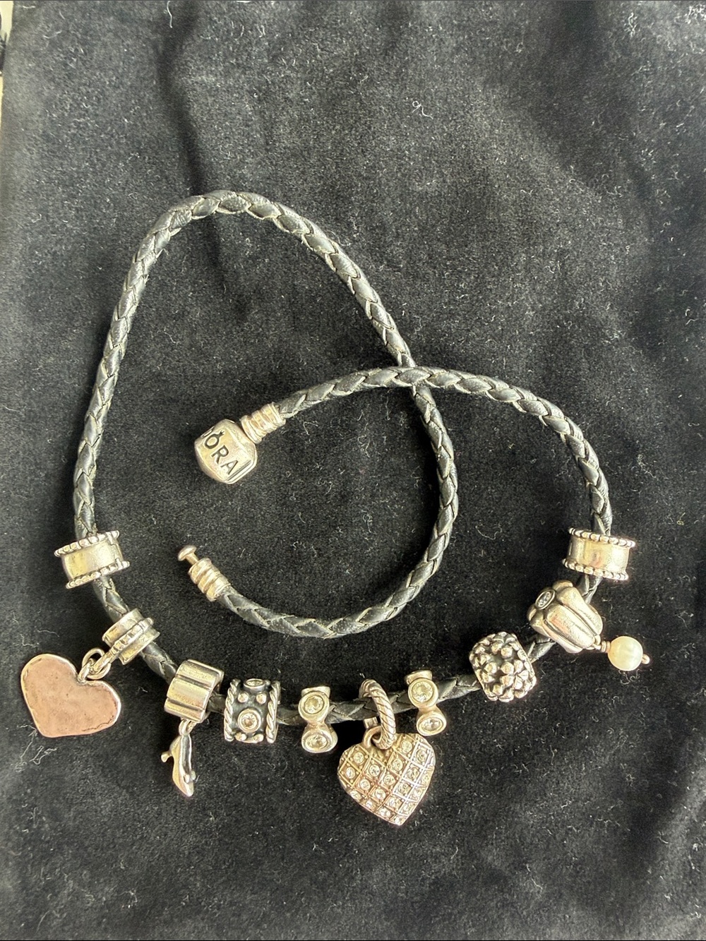 Pandora Black Braided Leather Bracelet with Silver Charm Hearts